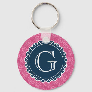 Navy Monogram Pink Hibiscus Pattern Key Ring