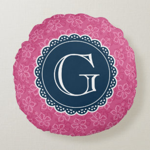 Navy Monogram Pink Hibiscus Pattern Round Cushion