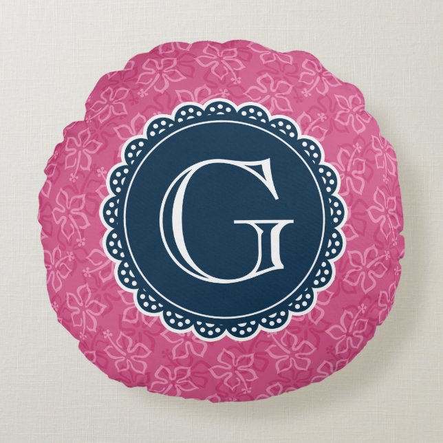 Navy Monogram Pink Hibiscus Pattern Round Cushion (Front)