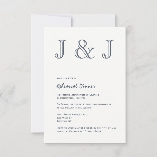 Navy monogram rehearsal dinner invitations (Front)