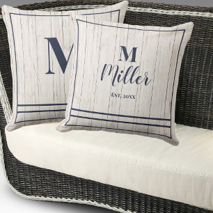 Navy Monogram Rustic Wood Family Beach House Cushion