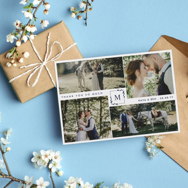 Navy Monogrammed 4 Photo Collage Wedding Thank You (Creator Uploaded)