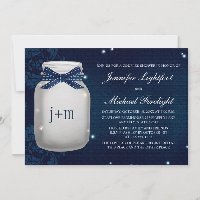 Navy Monogrammed Firefly Mason Jar Couples Shower Invitation (Front)