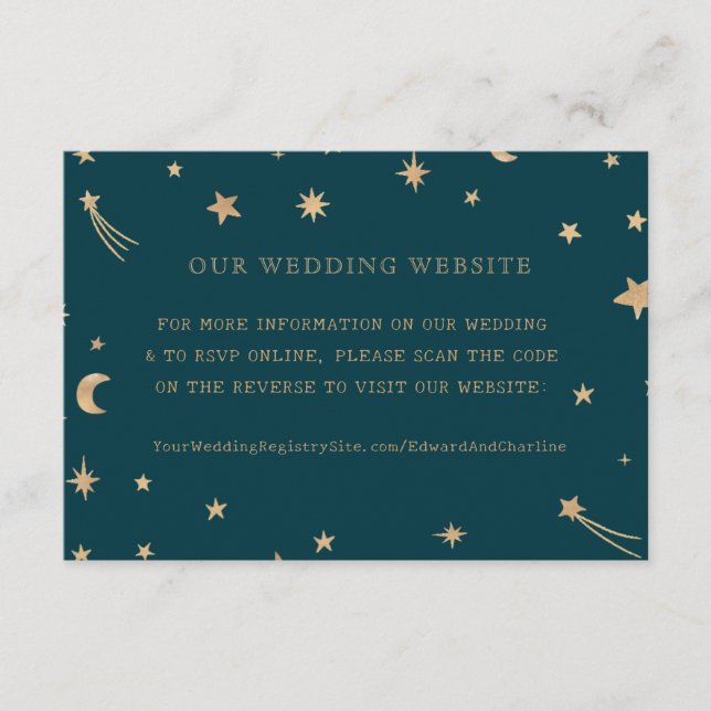 Navy Moon Gold Stars Wedding Website | RSVP QR Cod Enclosure Card (Front)