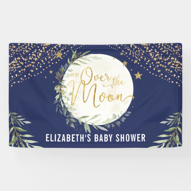 Navy Moon Star Greenery Gold Baby Shower Welcome Banner (Horizontal)