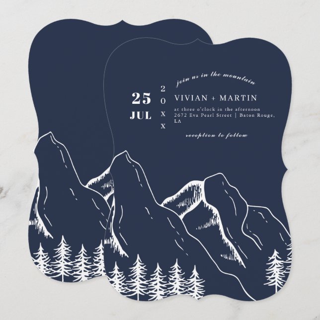 Navy Mountains Pine Tree Outdoor Wedding Invitation (Front/Back)
