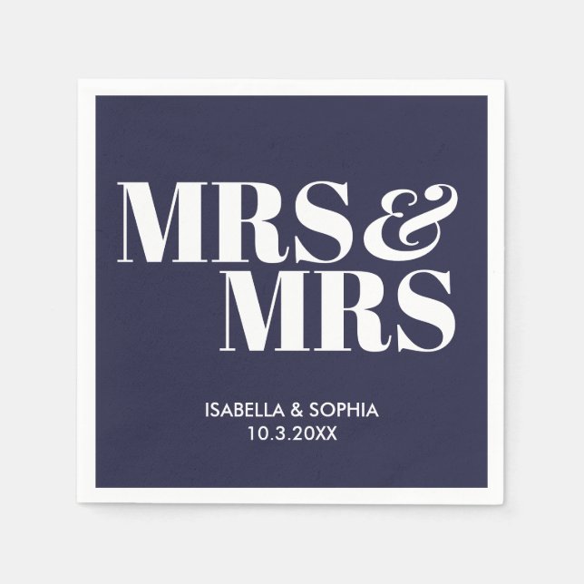 Navy Mrs & Mrs Bride Personalised Wedding Napkins (Front)