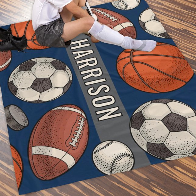 Navy Multi Sport Custom Name Monogram Fleece Blanket (Creator Uploaded)
