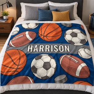 Navy Multi Sport Custom Name Monogram Fleece Blanket