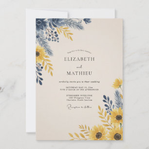 Navy Mustard Sunflower Eucalyptus Wedding Invitation