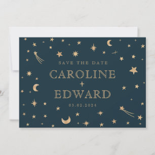 Navy Mystical Gold Stars Moon Astronomy Wedding  Invitation