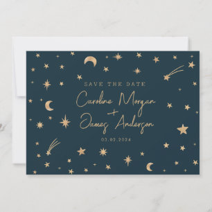 Navy Mystical Gold Stars Moon Astronomy Wedding  Invitation