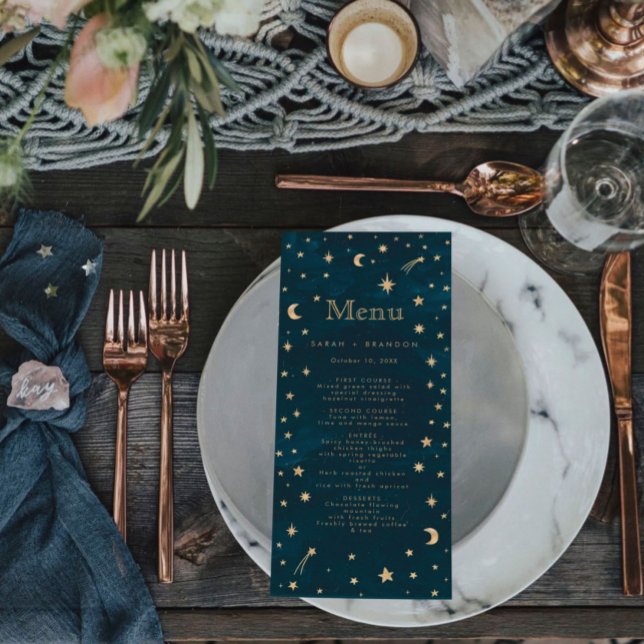Navy Mystical Gold Stars Moon Astronomy Wedding   Menu (Creator Uploaded)