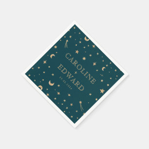 Navy Mystical Gold Stars Moon Astronomy Wedding  Napkin