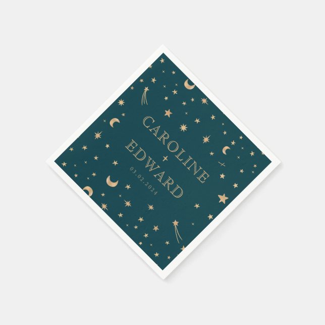 Navy Mystical Gold Stars Moon Astronomy Wedding  Napkin (Corner)