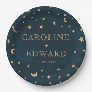 Navy Mystical Gold Stars Moon Astronomy Wedding  Paper Plate