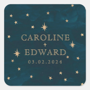Navy Mystical Gold Stars Moon Astronomy Wedding  Square Sticker