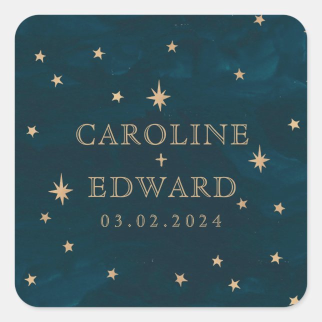 Navy Mystical Gold Stars Moon Astronomy Wedding  Square Sticker (Front)
