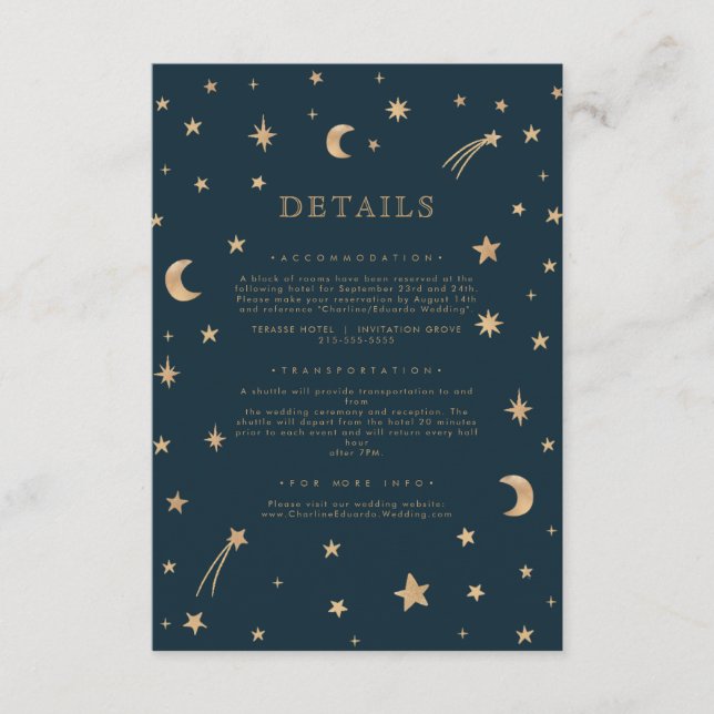 Navy Mystical Gold Stars Moon Wedding Details Enclosure Card (Front)