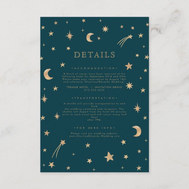 Navy Mystical Gold Stars Moon Wedding Details Enclosure Card (Front)