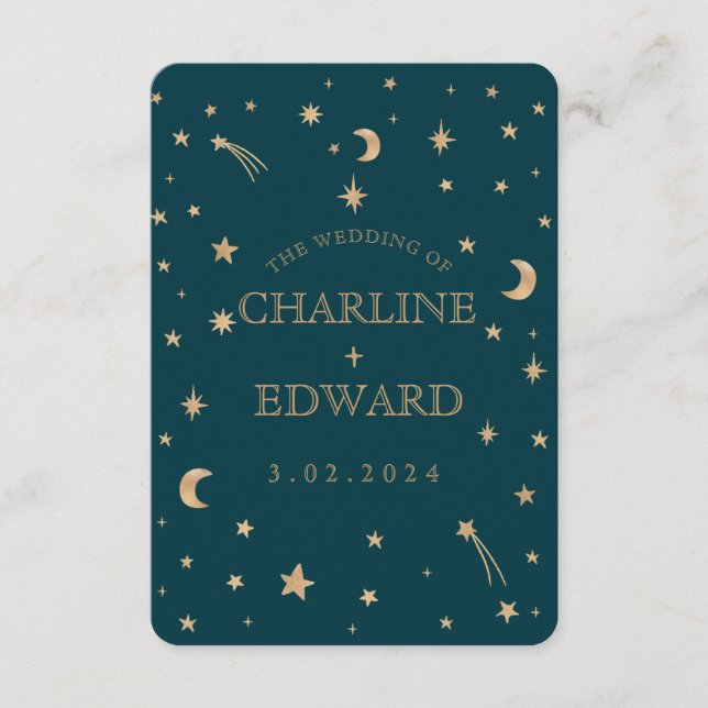 Navy Mystical Gold Stars Moon Wedding Programs Enclosure Card (Front)