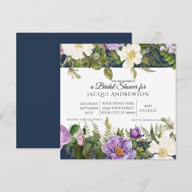 Navy n Lavender Ivory Roses Floral Bridal Shower Invitation (Front/Back)