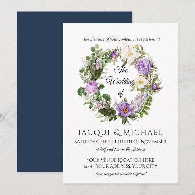 Navy n Lavender Ivory Roses w Fern Wreath Wedding Invitation (Front/Back)