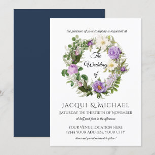 Navy n Lavender Ivory Roses w Fern Wreath Wedding Invitation