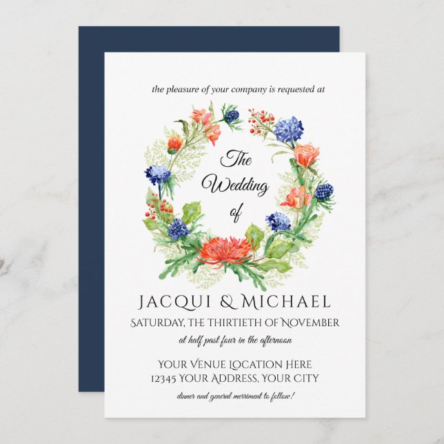 Navy n Orange Chrysanthemum Thistle Wreath Wedding Invitation (Front/Back)