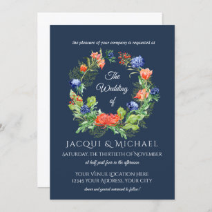 Navy n Orange Mum n Thistle Floral Wreath Wedding Invitation