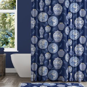 Navy n White Floral Ginger Jar Asian Vintage Decor Shower Curtain