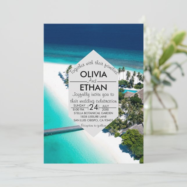 Navy nature seaside island Wedding Invitation (Standing Front)