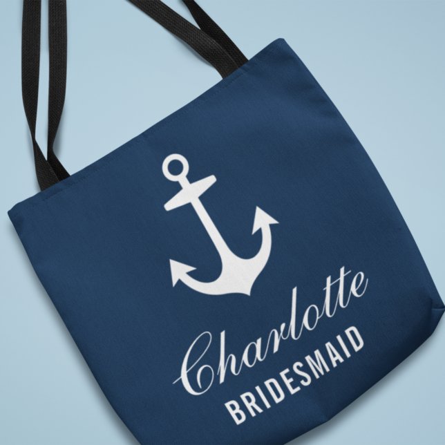 Navy Nautical Anchor Custom Wedding Bridesmaid Tote Bag (Creator Uploaded)