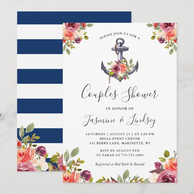 Navy Nautical Anchor Floral Wedding Couples Shower Invitation (Front/Back)