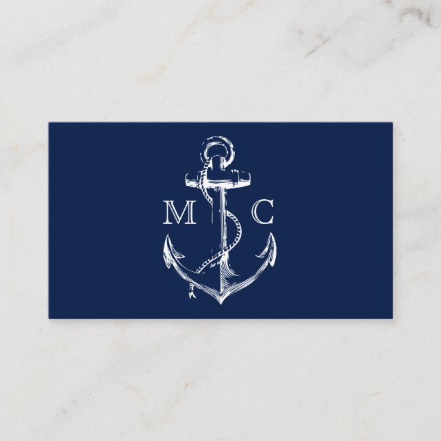 Navy Nautical Anchor Monogram Business Card (Front)