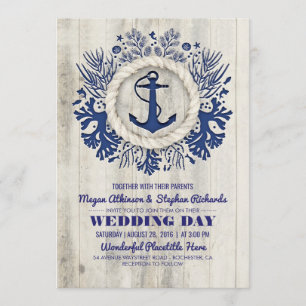 Navy Nautical Anchor Rustic Beach Wedding Invitation