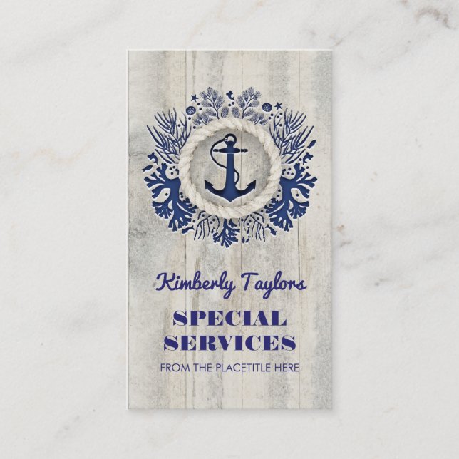 Navy Nautical Anchor Rustic Driftwood Business Card (Front)