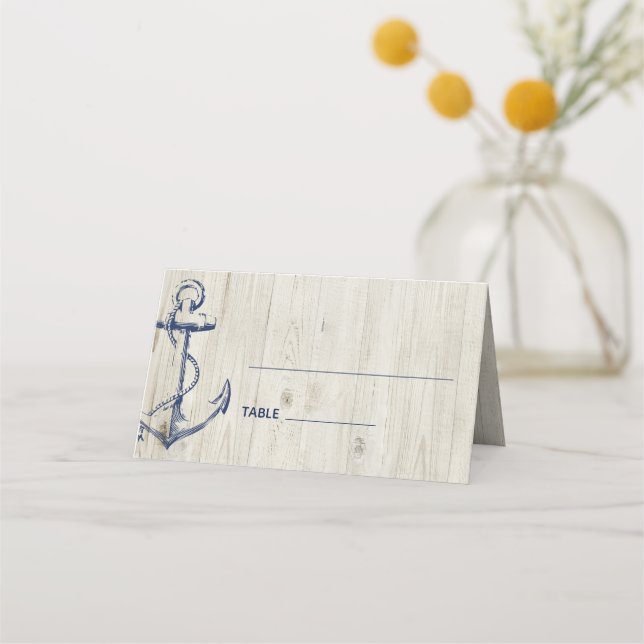 Navy Nautical Anchor Rustic Wood Place Card (Front)