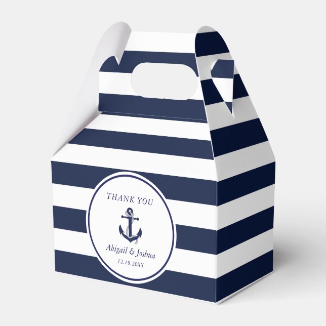 Navy Nautical Anchor Striped Wedding Custom Favour Box (Front Side)