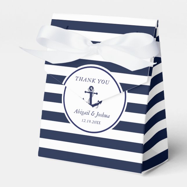 Navy Nautical Anchor Striped Wedding Custom Favour Favour Box (Front Side)