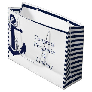 Navy Nautical Anchor Striped Wedding Large Gift Bag