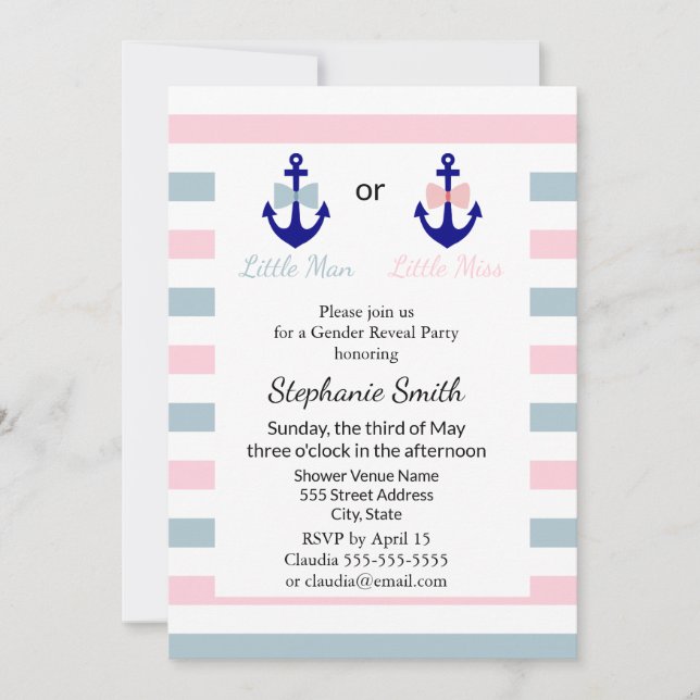Navy Nautical Bow and Bow Tie Gender Reveal Invitation (Front)