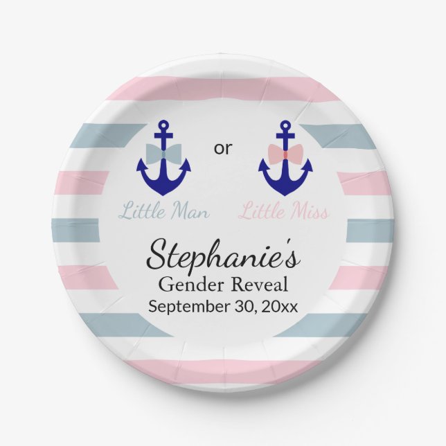 Navy Nautical Bow and Bow Tie Gender Reveal Paper Plate (Front)