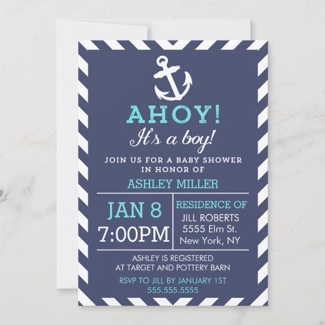 Navy Nautical Chevron Baby Shower Invitation (Front)