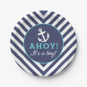 Navy Nautical Chevron Baby Shower Paper Plates
