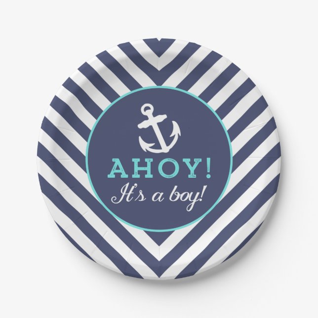Navy Nautical Chevron Baby Shower Paper Plates (Front)