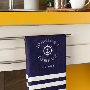 Navy Nautical Custom Name  Tea Towel