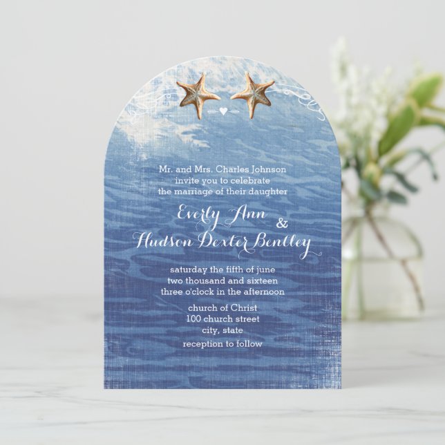 Navy Nautical Destination Beach Starfish Wedding Invitation (Standing Front)
