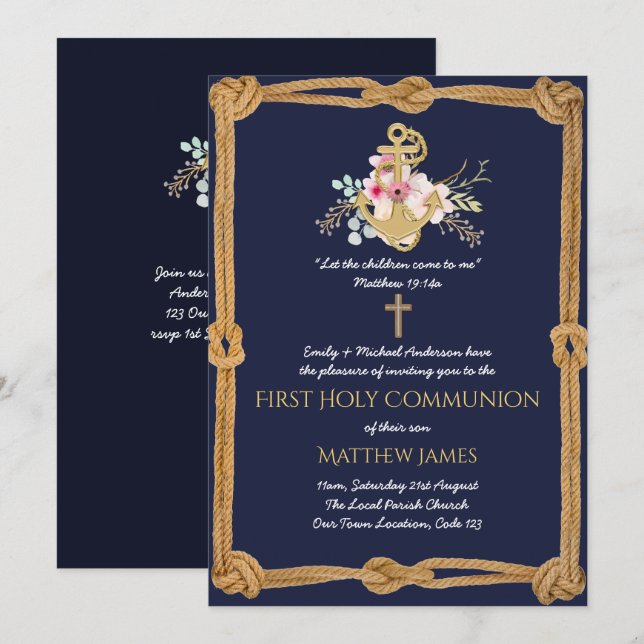 Navy Nautical First Communion Boy Girl Invitations (Front/Back)