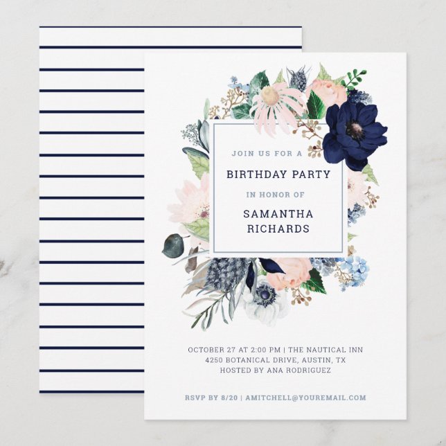 Navy Nautical Floral and Stripes | Birthday Party Invitation (Front/Back)